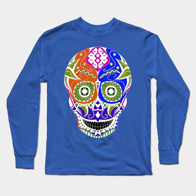 skeleton smile in mexican pattern in green Long Sleeve T-Shirt by jorge_lebeau